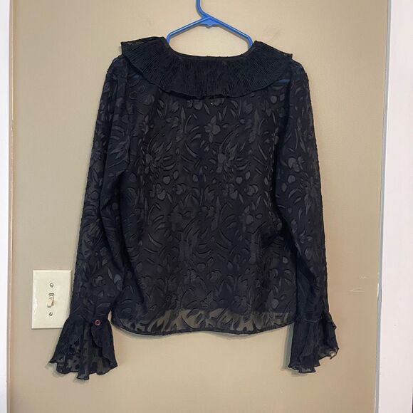 Libra Vintage Sheer Floral Textured Black Frill Cuff Button Up Blouse Medium - Picture 13 of 13